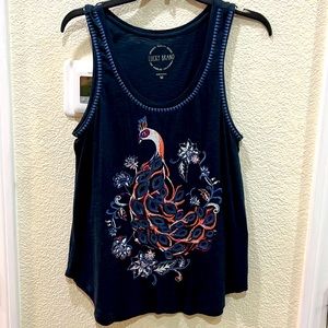 NWOT. Lucky Brand Navy Tank Top with Embroidered Peacock